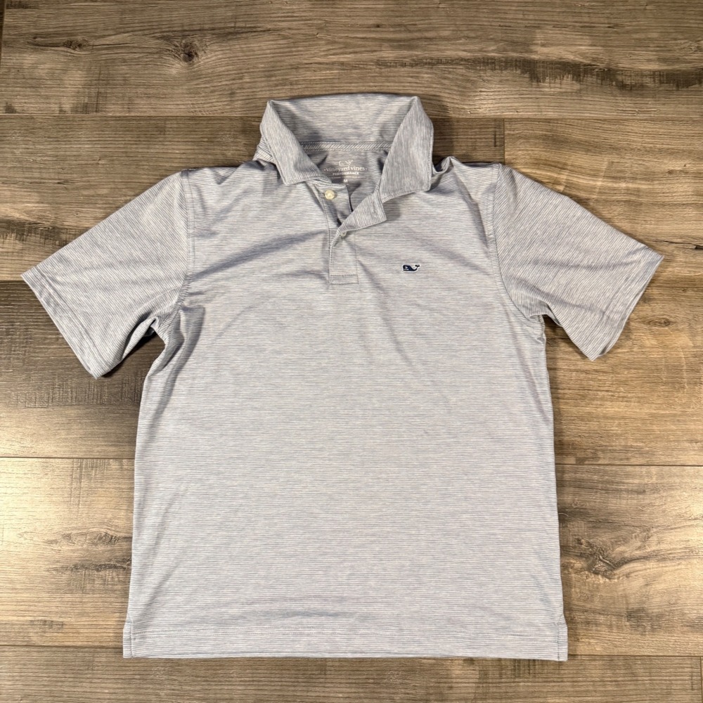 Vineyard Vines Boys Performance Polo Shirt Medium Blue Stripe Stretch Golf